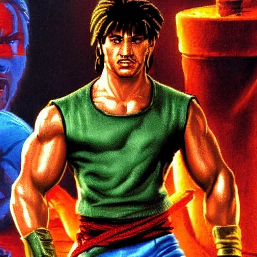 Image similar to portrait of rambo in double dragon video game splash screen