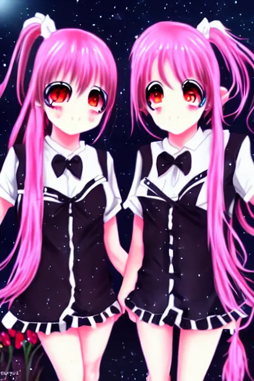 Image similar to two beautiful female idols with twintails facing each other, dark background, detailed anime art