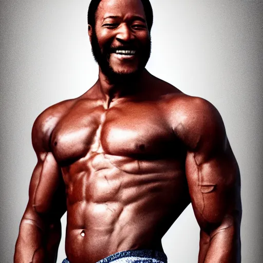 Prompt: marvin gaye with the physique of a body builder, hyper realistic, ultra detailed, cinematic, dynamic lighting, photorealistic, refined, intricate, digital art, digital painting, masterpiece, 8k,