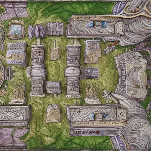 Image similar to top - down handpainted rpg map of a temple in the clouds, by afternoon maps, highly detailed, 4 k, trending on artstation