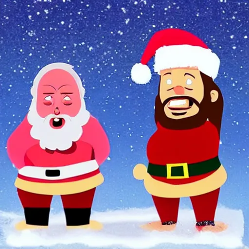 Image similar to Santa and Jesus angrily screaming at each other, 80s movie action battle, crying pink ice cream with a face