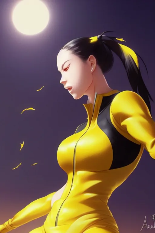Image similar to black ponytail hair, pale woman in a black zipper jacket and yellow bikini, yellow eyes, by artgerm, hair tied in a ponytail, black backdrop, masterpiece, beautiful render, matte painting, realistic, fighting pose, dynamic angle, by greg rutkowski makoto shinkai takashi takeuchi