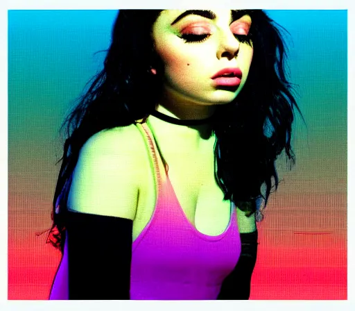 Prompt: Charli XCX, Macintosh Plus, glitchcore, scanlines, dithering