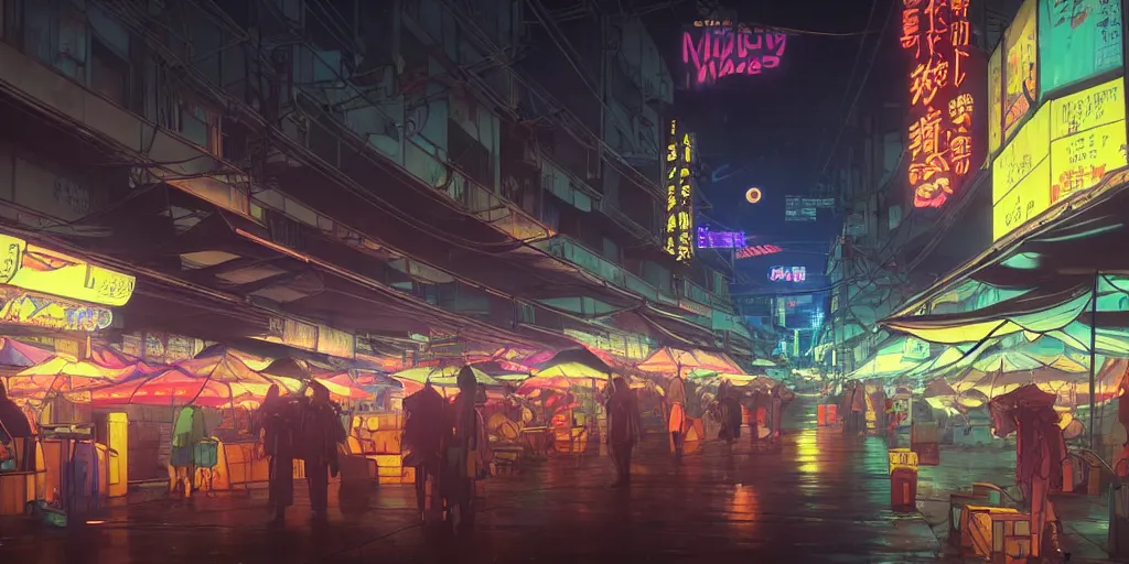 Image similar to twilight lighting, moody, atmospheric, solarpunk, cyberpunk, a render of davao city's roxas night market, rainy, in the art style of neon genesis : evangelion, 8 0 s anime style, by ghibli studio and victor ngai, ghost in the shell art style, akira artstyle, pixar highly detailed, 8 k h 5 7 6