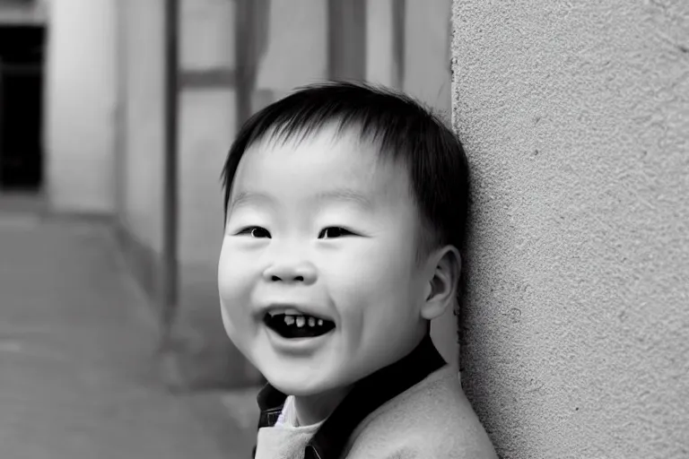 Image similar to still photo of a chinese child smiling at the camera on the street, black and white color aesthetic, highly detailed, photorealistic portrait, bright studio setting, studio lighting, crisp quality and light reflections, unreal engine 5 quality render