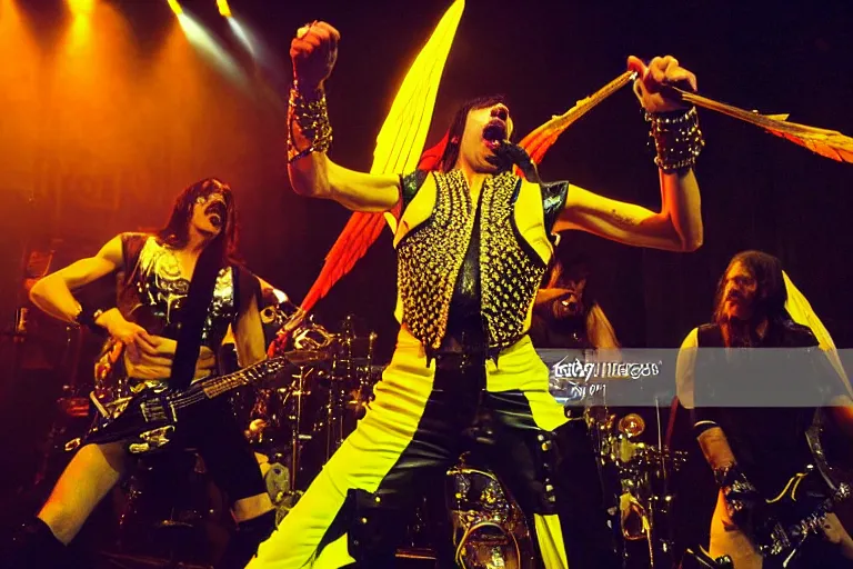 Image similar to freddie mercury queen singing at a death metal punk concert. mosh pit, elaborate clothing, violent rock concert yellow and white clothing, huge angel wings