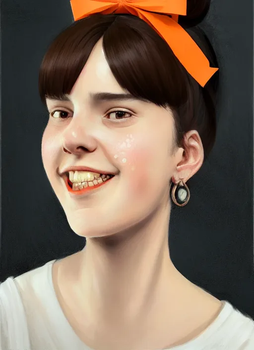 Prompt: portrait of high school girl, realistic, black hair, bangs, half updo hairstyle, pointy nose, skinny, smile, ugly, defined jawline, big chin, orange hair bow, earrings, intricate, elegant, riverdale, highly detailed, digital painting, artstation, sharp focus, illustration, art by wlop, mars ravelo and greg rutkowski