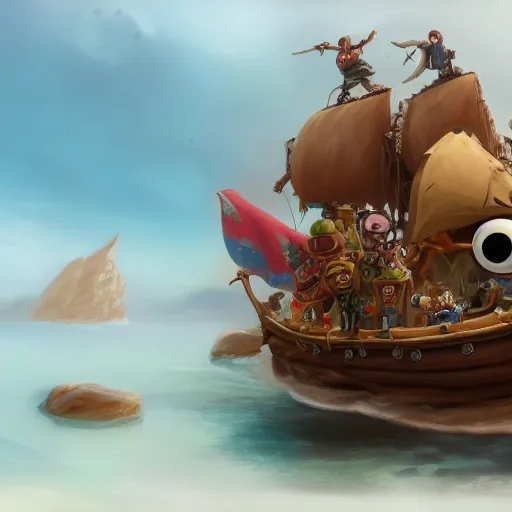 Prompt: A rock with googly eyes is wearing a pirate's outfit, it is the captain of a crew, it's on their pirate ship, the ship is sailing the wide open seas, the rock is hunting for treasure, hyperdetailed, artstation, cgsociety, 8k