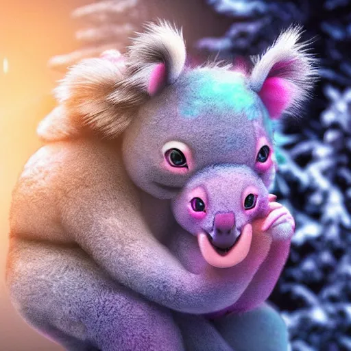 Image similar to pink and blue unicorn, koala riding on unicorn's back, koala stretches arms wide, hyper realistic style, winter forest with snow, dramatic lighting, one large yellow flower, 4k