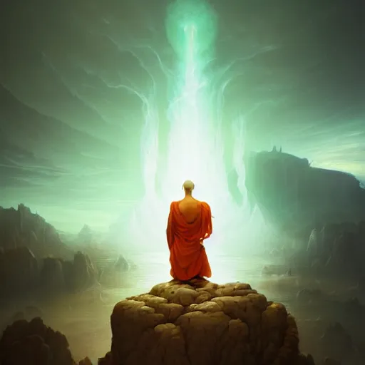 Image similar to in the style of peter mohrbacher, a glowing monk floating and meditating on a rock, dystopian landscape, intricate, masterpiece, award winning, fantasy, hyperrealism intricate