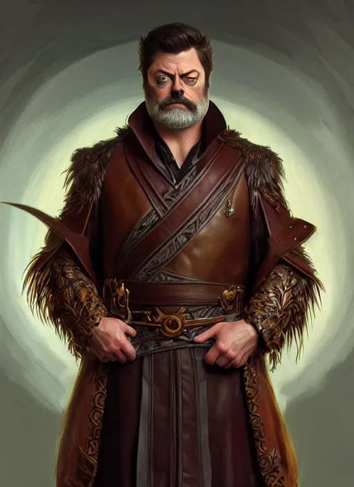 Prompt: portrait of nick offerman, d & d, leather robes, muscular, fantasy, intricate, elegant, highly detailed, digital painting, artstation, concept art, smooth, sharp focus, illustration, art by artgerm and greg rutkowski and alphonse mucha