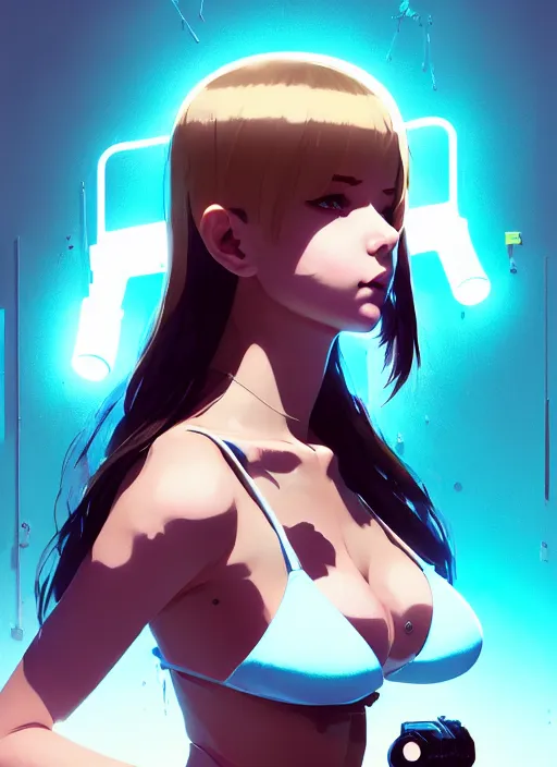 Image similar to portrait of cute maiden girl in cyber bikini armor, face by ilya kuvshinov, warhammer, cyberpunk, by atey ghailan, by greg rutkowski, by greg tocchini, by james gilleard, by joe fenton, by kaethe butcher, dynamic lighting, gradient light blue, brown, blonde cream and white color in scheme, grunge aesthetic