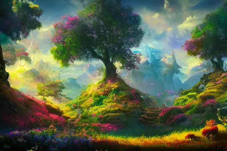 Image similar to Landscape of a beautiful enchanted fantasy world. Colorful. Cinematic lighting. Photorealism.