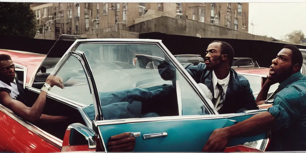 Image similar to bronx, black men sit in the 7 0 s car, holding a magnum, closeup, coloured film photography, bruce davidson photography