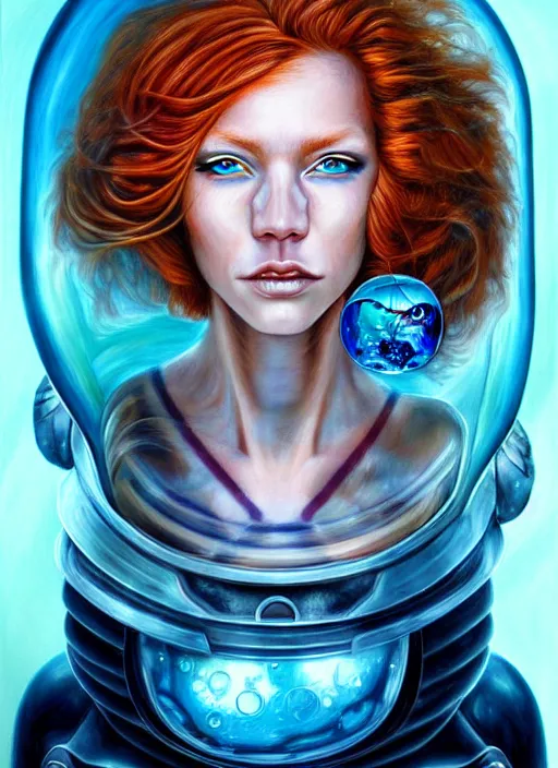 Prompt: biopunk cyborg portrait by julie bell, intricate biopunk patterns, ginger hair, mesmerizing blue eyes, glass bubble helmet, underwater, detailed!, very sharp!!!