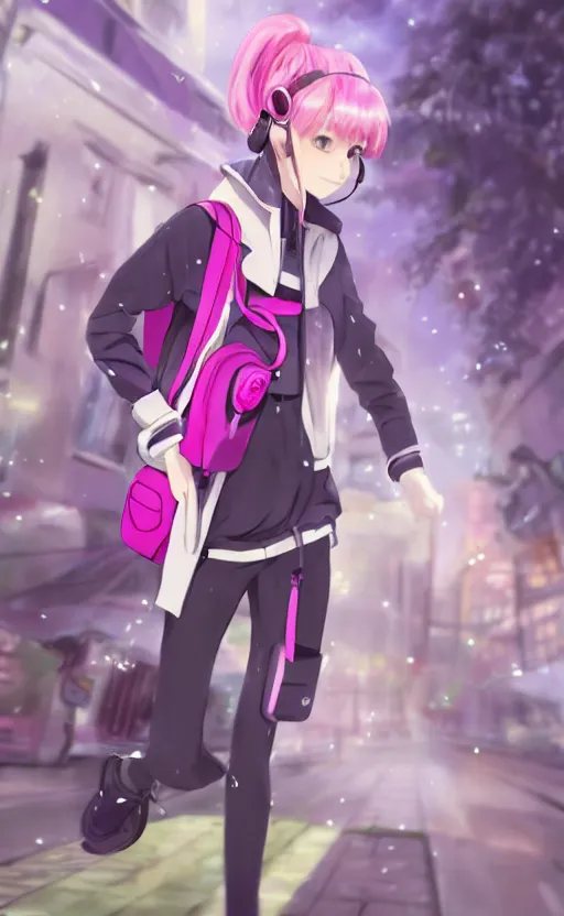 Image similar to anime girl with pink ponytail, wearing purple headphones, wearing a green sweater, with a smile on her face and her eyes closed, walking down a street, dynamic lighting, photorealistic fantasy concept art, trending on art station, very detailed, anime concept art, stunning visuals, creative, cinematic, ultra detailed