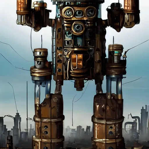 Prompt: towering steampunk robot looks out over ruined city, fine detail, dystopia, concept art