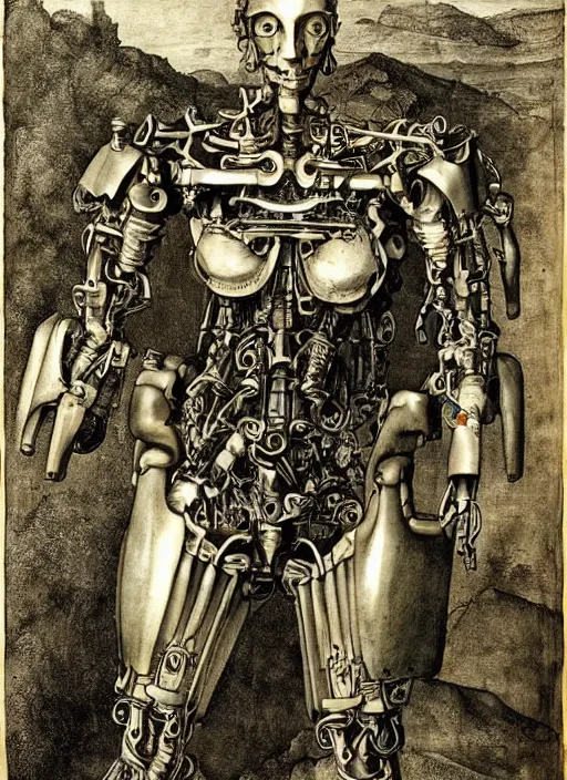 Prompt: cyborg cybernetic exoskeleton by Albrecht Dürer