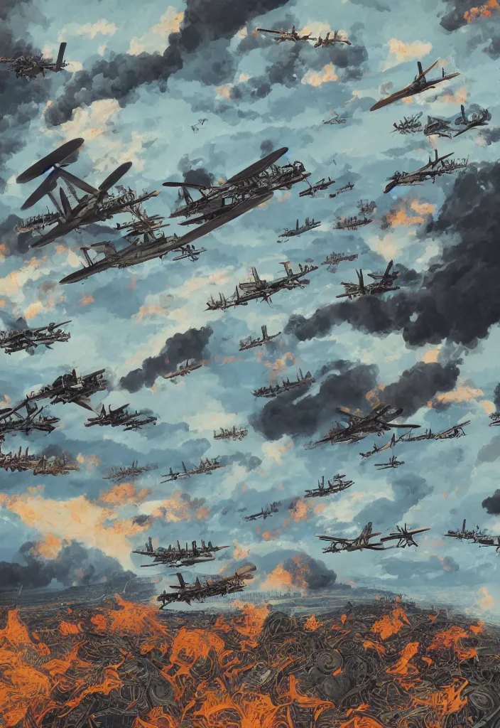 Image similar to handmade illustration of an epic World War I air scene with only two 1914 airplanes fighting, some smoke and fire, blue sky with dramatic clouds, line art, ballpoint, oil on canvas by Kilian Eng and by Jake Parker, heavy brushstrokes, winning-award masterpiece, fantastic, octane render, 8K HD Resolution, High quality image