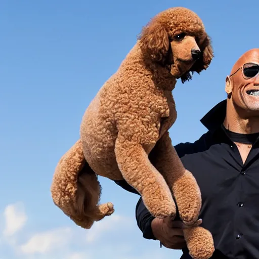 Prompt: photo of dwayne johnson riding a giant poodle, highly - detailed, sharp focus, award - winning