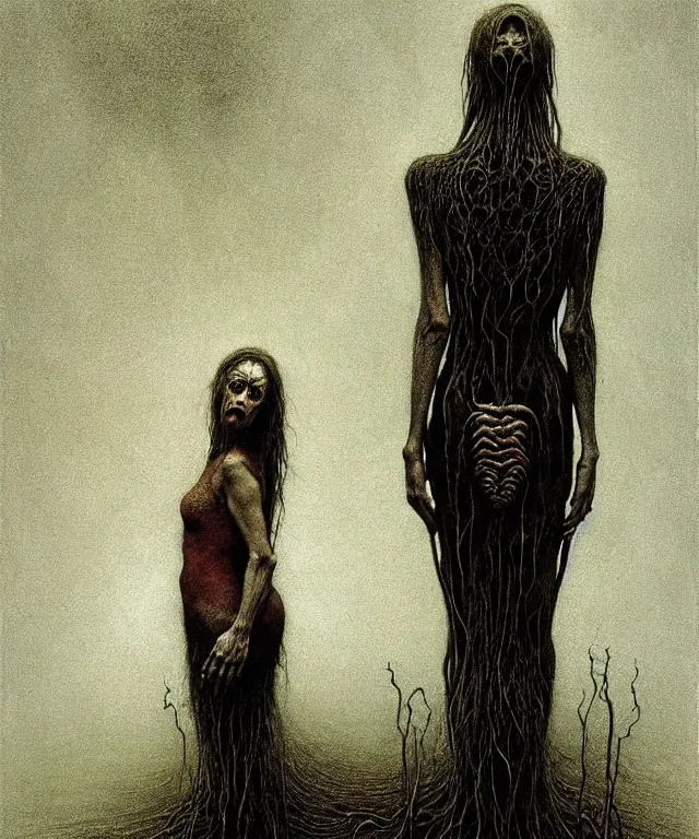 Image similar to woman standing. illustration of arachnophobia, fear of spiders, incredible amount of spiders, bugs. extremely high details, realistic, horror, creepy, masterpiece, art by zdzislaw beksinski, arthur rackham, dariusz zawadzki