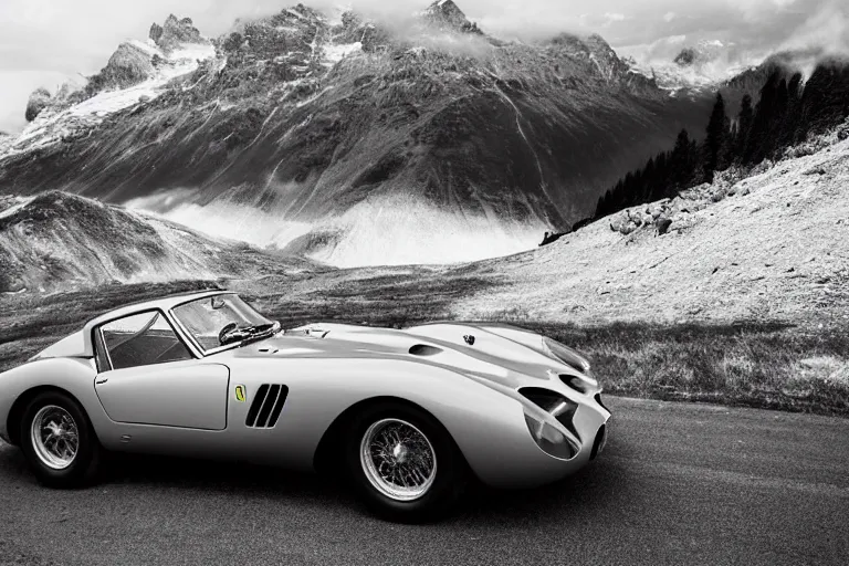 Prompt: car photography of “Ferrari 250 GTO series 2” in the Swiss Alps by Emmanuel Lubezki