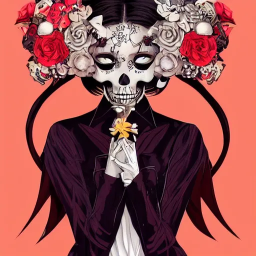 Image similar to anime manga skull portrait young woman skeleton, hello kitty, elegant, highly detailed, digital art, art by jc leyendecker and sachin teng