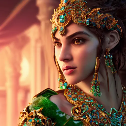 Image similar to photograph of wonderful princess with fair skin, green jewelry, breathtaking, ornate, intricate, hyper detailed, accent lighting, dramatic light, 4 k octane render