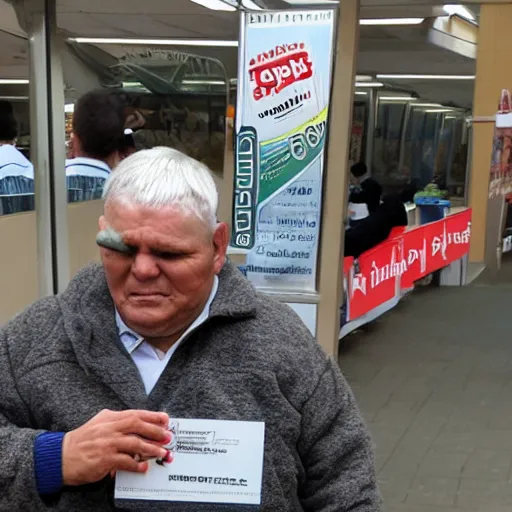 Image similar to award winning photo, blind man selling coupons