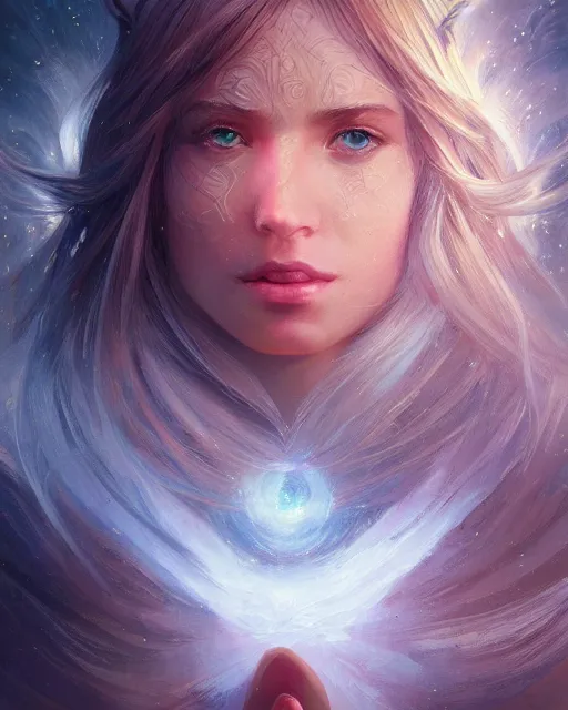 Prompt: close up portrait of a beautiful cosmic angel, fantasy, intricate, elegant, highly detailed, digital painting, artstation, concept art, smooth, sharp focus, illustration, by artgerm and greg rutkowski