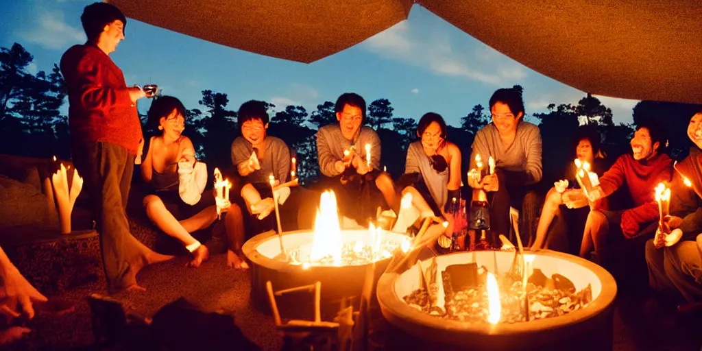 Image similar to people at a cozy party at midnight, bay area, candles, fire pit, hot tub, by studio ghibli