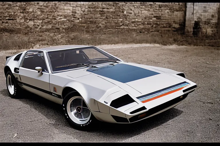 Image similar to designed by giorgetto giugiaro stylized poser of a single 1 9 6 9 fastback mustang ( mk 2 ford gt 4 0 ) 1 9 8 2 firebird transam delorean, large led lights, ektachrome photograph, volumetric lighting, f 8 aperture, cinematic eastman 5 3 8 4 film