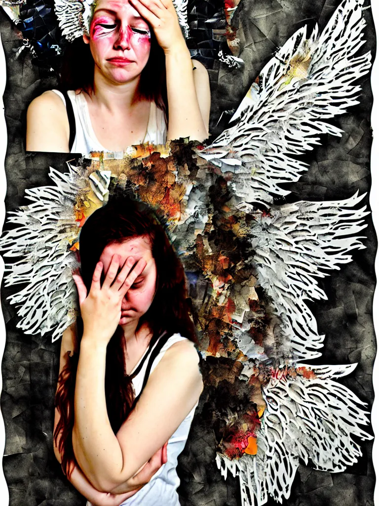 Image similar to a young adult angelgirl soft crying with lots of hands on her face and ratty feathered angel wings, stressed and burnt out, collage effect, collaged, torn paper, torn paper collage, overexposure, overexposed, high exposure