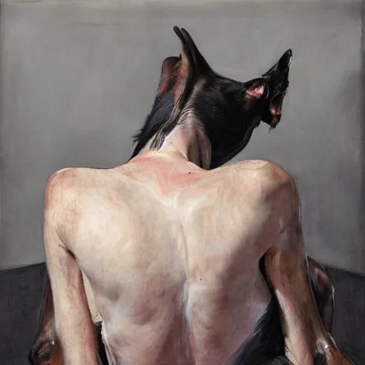 Image similar to woman with black greyhound, by jenny saville. dark atmosphere