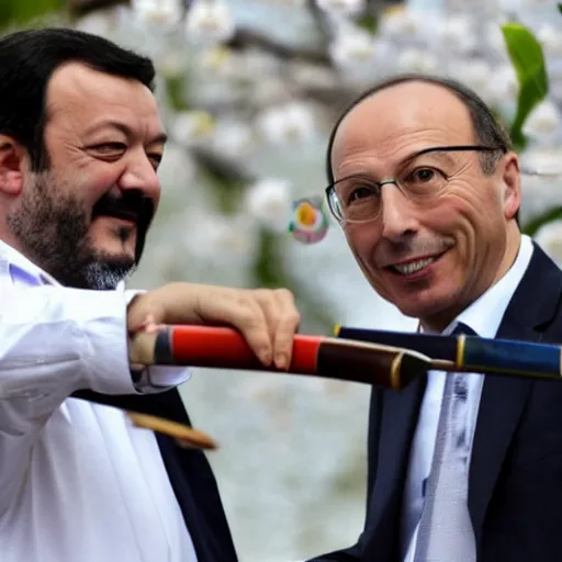 Prompt: matteo salvini and enrico letta katana duel in a shinto shrine while sakura petals are falling