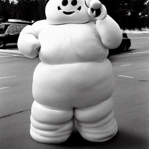 Image similar to the michelin man as the stay puft marshmallow man, realistic, 1 4 0 mm, nikon film