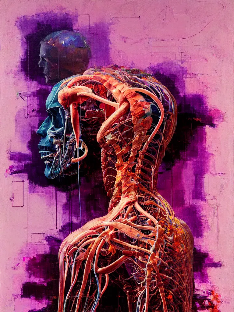 Image similar to a beautiful glitched painting by robert proch of an anatomy study of the human nervous system, color bleeding, pixel sorting, copper oxide and rust materials, brushstrokes by jeremy mann, cold top lighting, pastel purple background