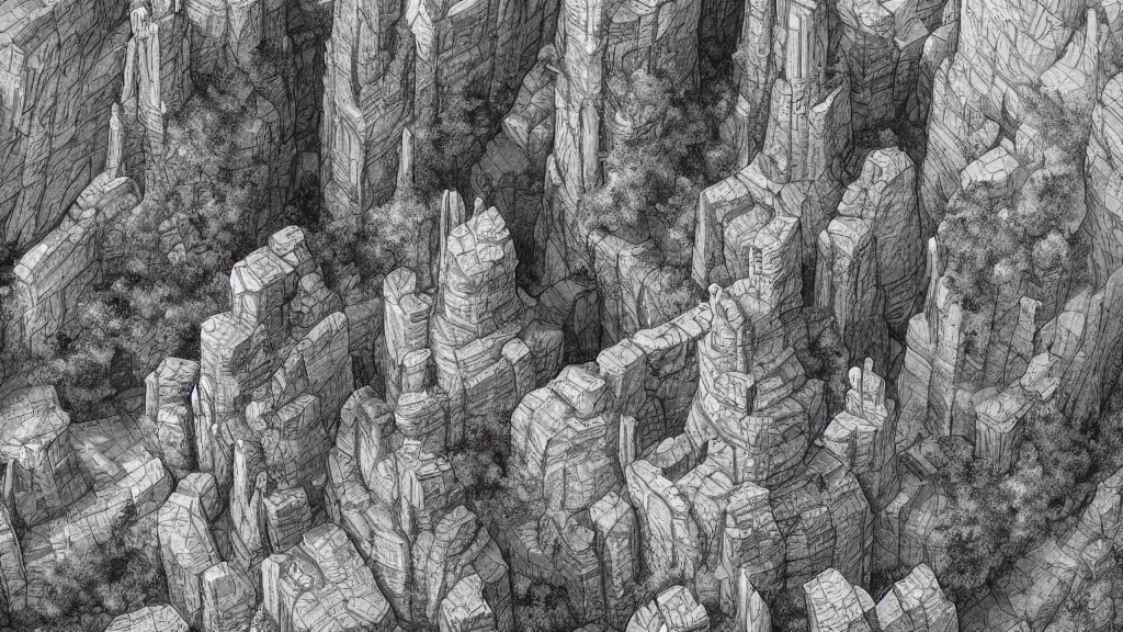 Prompt: aerial view of a wizard tower that's surrounded by rock formations and caves, lineart