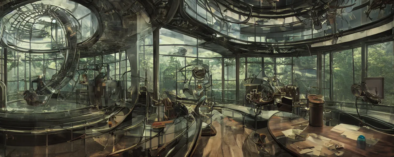 Image similar to a futuristic steampunk science office, inside a building built in the middle of a lush tropical rainforest, lush forest outside of the window, cinematic back lit lighting, realistic, detailed, canon 50mm lens,