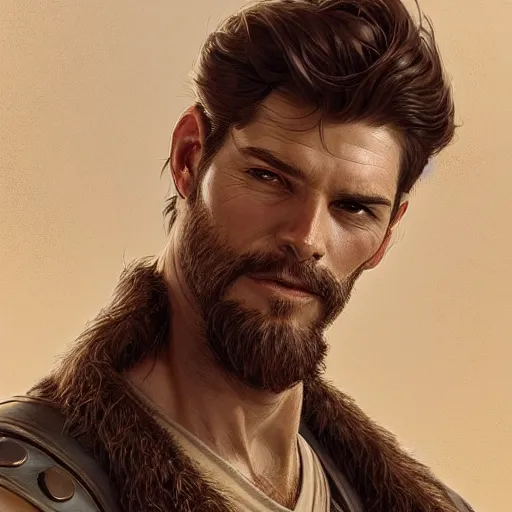 Image similar to portrait of a young, ruggedly handsome scout, soft hair, muscular, half body, leather, hairy, d & d, fantasy, intricate, elegant, highly detailed, digital painting, artstation, concept art, smooth, sharp focus, illustration, art by artgerm and greg rutkowski and alphonse mucha