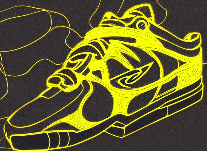 Image similar to glowing black sneaker, wth short golden lines, yellow details, symmetrical, highly detailed, digital art, sharp focus, trending on art station, samurai, electricity superpowers, anime art style