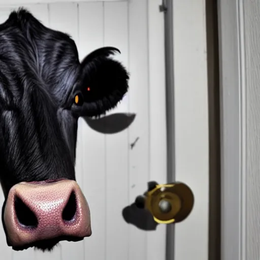 Image similar to ultra - realistic close - up of creepy cow at night, fish - eye - lense, disturbing horror photo, doorbell camera footage