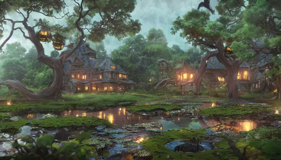 Image similar to scary halloween land with a pond, beautiful ancient trees, hiding large treasure chest, serene evening atmosphere, soft lens, soft light, cel - shading, animation, in the style of cgsociety, deviantart, artstation, zbrush, cinema 4 d, studio ghibli, akihiko yoshida, atelier lulua, masamune shirow