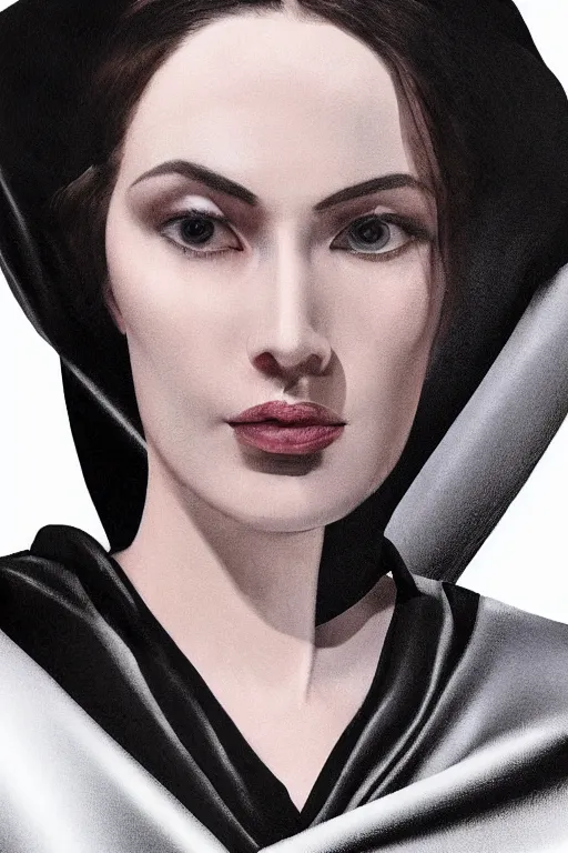 Image similar to hyper - realistic close - up portrait of a modern woman, pale skin, in a black silk robe, in the retrofuturism style