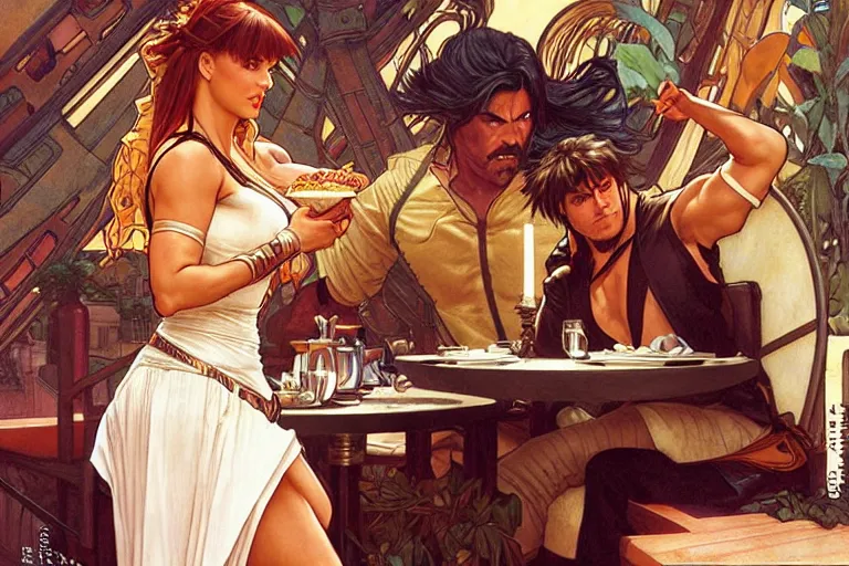 Image similar to xena warrior princess eating at a restaurant, with a hispanic man in a suit as her companion, art by artgerm and greg rutkowski and alphonse mucha