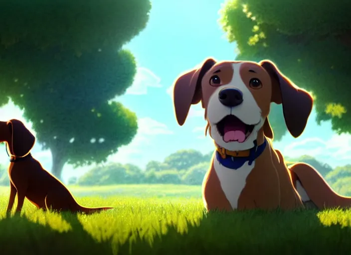 Image similar to a wholesome animation key shot of all brown pointer dog, studio ghibli, pixar and disney animation, sharp, rendered in unreal engine 5, anime key art by greg rutkowski, bloom, dramatic lighting