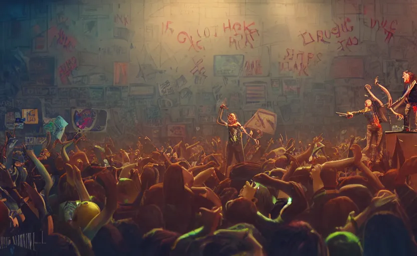 Image similar to 4 punks in school uniform with mohawks stand on stage with guitars and drums and microphones and yell day, foreground fight of ravers and punks, by marc simonetti, tyler edlin, deviantart, ray tracing, octane render, digital art, realistic, high quality, 8 k