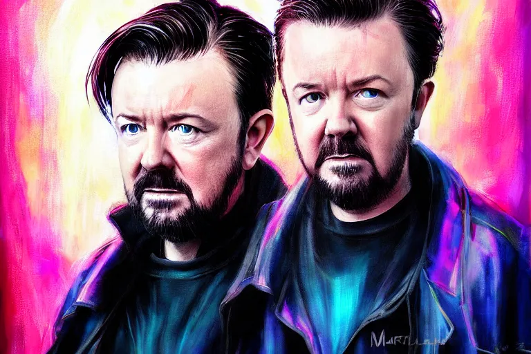 Image similar to full length portrait of ricky gervais as a cyberpunk wizard, dramatic lighting, depth, high detail, digital art, painted by marguerite anderson