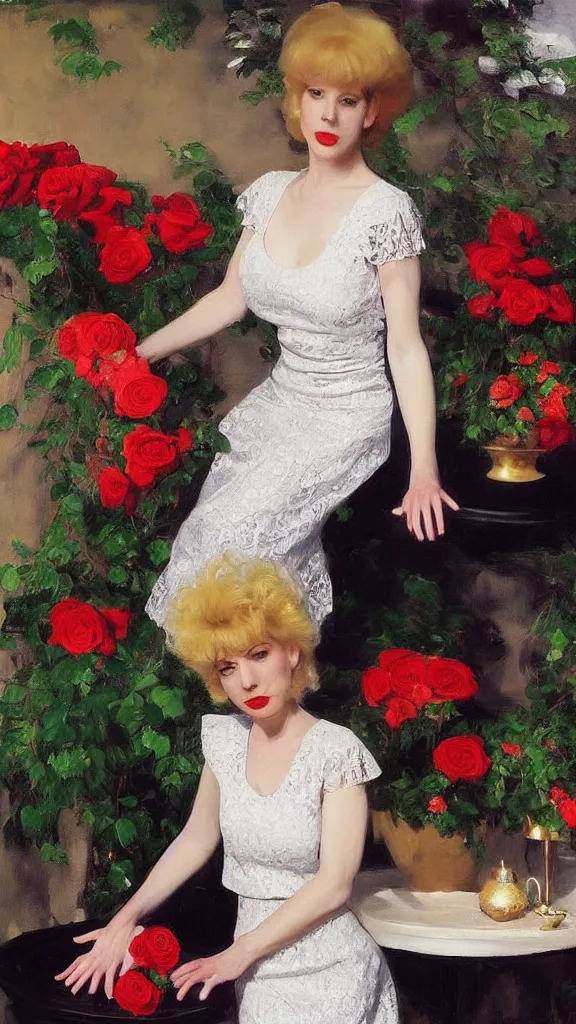 Image similar to beautiful young julee cruise in detailed golden sleeve balloon lace dress beside a pot of red roses set near a persian pot by john singer sargent