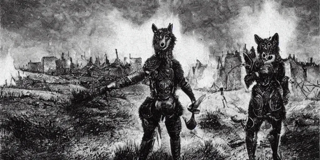 Image similar to anthropomorphic furry wolf in armor standing in front of a burning village, 1900s picture